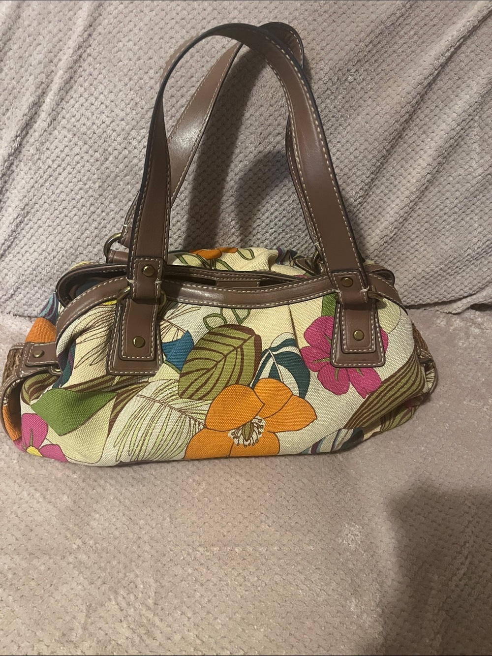 Fossil Floral Canvas Shoulder Bag with Brown Leather Trim